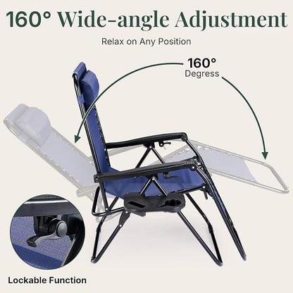 Zero Gravity Chairs Set of 2, Outdoor Folding Lounge Chairs | Foldable Reclining Patio Lawn Chairs with Mesh Back, Adjustable Pillows and Cup Holder Trays, for Pool, Beach, Backyard