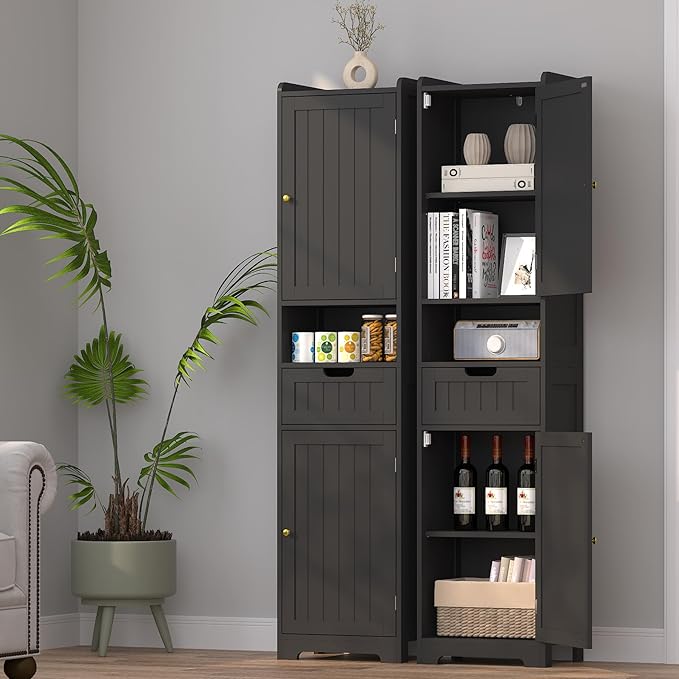 TidyHaven 67" H Tall Bathroom Storage Cabinet, Slim Narrow Organizer with Adjustable Shelves, 2 Doors & 1 Drawer, Freestanding Floor Cabinet for Bathroom, Kitchen, Living Room (Black)
