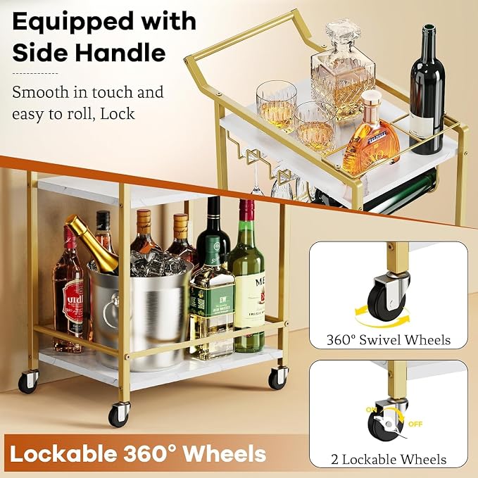 3 Tier Bar Cart Mini Liquor Utility Cart for Wine Beverage Dinner Party | Rolling Wine Coffee Drink Serving Cart with Lockable Wheels for Home Kitchen Bars (Gold)