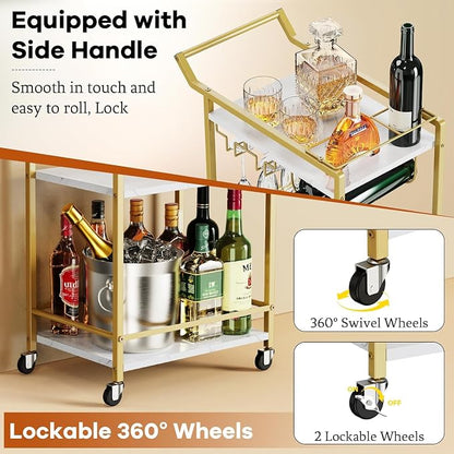 3 Tier Bar Cart Mini Liquor Utility Cart for Wine Beverage Dinner Party | Rolling Wine Coffee Drink Serving Cart with Lockable Wheels for Home Kitchen Bars (Gold)