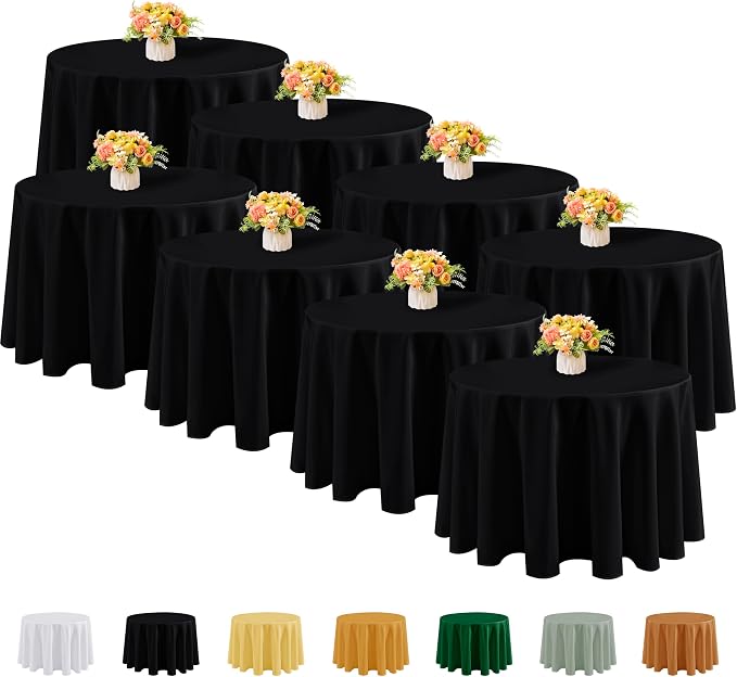Fitable 8 Pack Black Round Tablecloths - 120 Inches in Diameter | Wrinkle & Stain Resistant, Washable Polyester Fabric Cloth Cover, For Wedding Party Banquet Formal Events Halloween