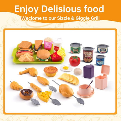 120Pcs Mini Play Kitchen Accessories, Kids Pretend Cooking Playset with Desserts, Cuttable Veggies & BBQ & Storage Basket, Educational Role-Play Gift for Toddlers, Child, Pink