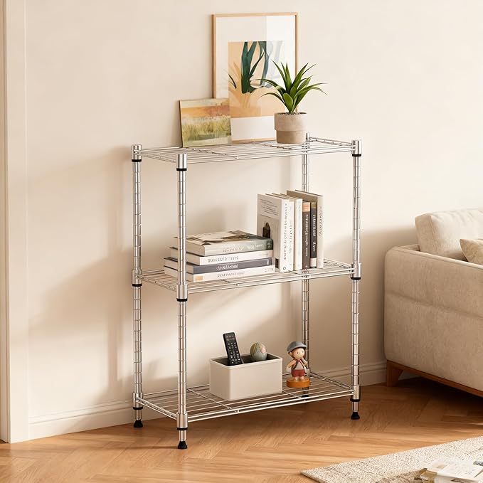 M MZG 450 lbs Wire Storage Shelving 3-Tier Utility Shelving Unit Steel Organizer Wire Rack for Home,Kitchen,Office,Chrome(11.8" D x 17.7" W x 26.4" H) (Pack of 2)