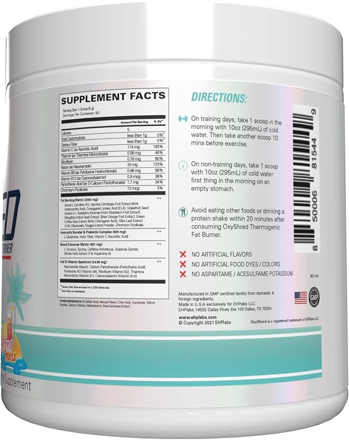 EHP Labs OxyShred Pre Workout Powder - Preworkout Powder with L Glutamine & Acetyl L Carnitine, Energy Boost Drink - Bahama Breeze/Beach, 60 Servings