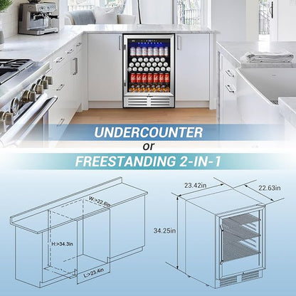 Velivi 24'' Beverage Refrigerator Cooler,168 Cans Beverage and Beer Fridge with Glass Door, Built-in/Freestanding Drink Fridge for Kitchen, Bar or Office, Stainless Steel Silver