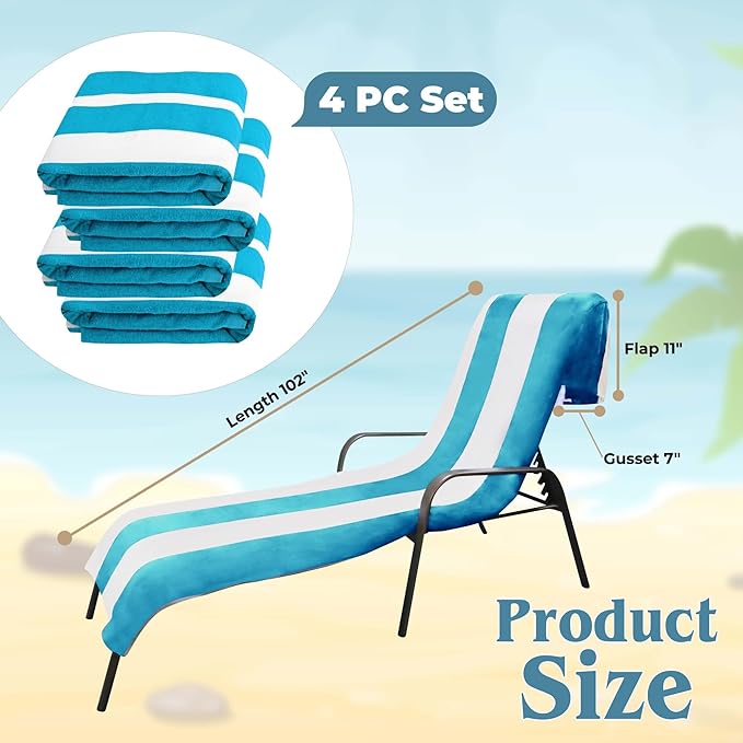 Superior Cabana Cotton Lounge Chair Cover, Outdoor Towel/Chaise Furniture Covers, Terry Cloth, Beach, Spa, Swim Accessories, Pool Chair Cover, Soft, Quick Drying, 32" x 102", Set of 6, Turquoise