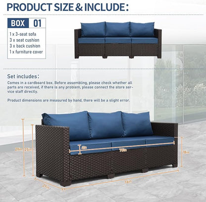 Valita Patio Furniture 3-seat Sofa Brown Wicker Outdoor Furniture Outdoor Couch Deep Seat High Backrest Waterproof Cover Anti-Slip Washable Cushions, Navy Blue