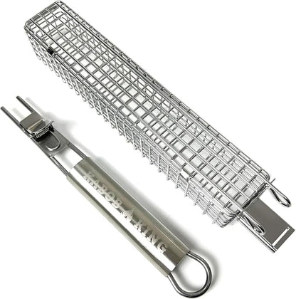 ORIGINAL XL Kabob Grilling Basket Set of 4 with Detachable Handle. UPGRADED DESIGN - New & Improved Stainless Steel Construction with Larger Capacity (12 x 2 x 2) for Outdoor Grilling by Kabob King (With Apron/Storage)