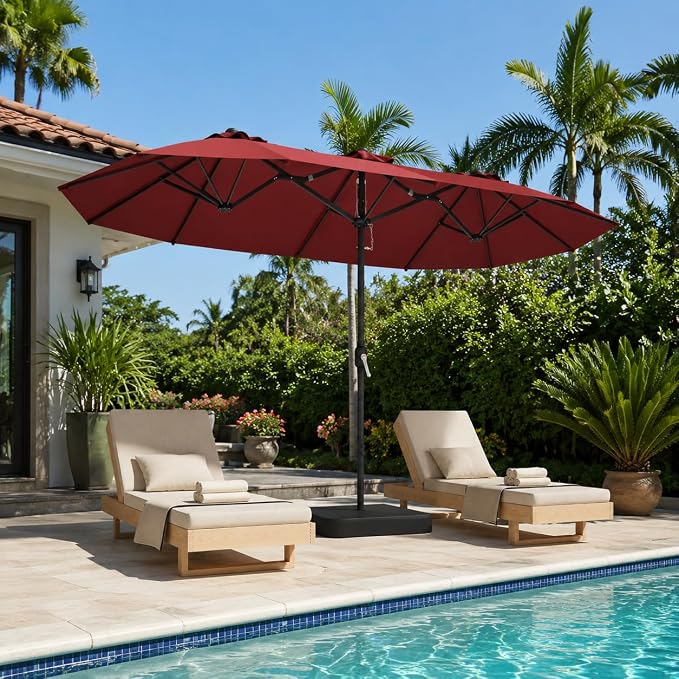 15ft Red Patio Umbrella with Base Included,Rectangle Double Extra Large Table Umbrella Outdoor Giant Umbrella for Porch Pool Lawn Deck,Market,Backyard Outside,Burgundy Red