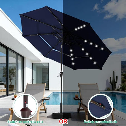 JEAREY 9 ft 3-Tier Outdoor LED Lighted Patio Umbrella w/Crank, Navy | Solar Market Table Umbrella with 8 Sturdy Ribs, UV Protection Waterproof Sunproof for Garden, Deck and Backyard