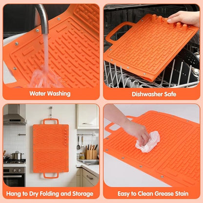 LIONROGE Large Silicone Grill Mat, Foldable Silicone Griddle Tools Spatula Mat with Drip Pad & Handle & Snap Buttons, Portable BBQ Side Shelf Mats Grill Pad for Blackstone Griddles Accessories,Orange