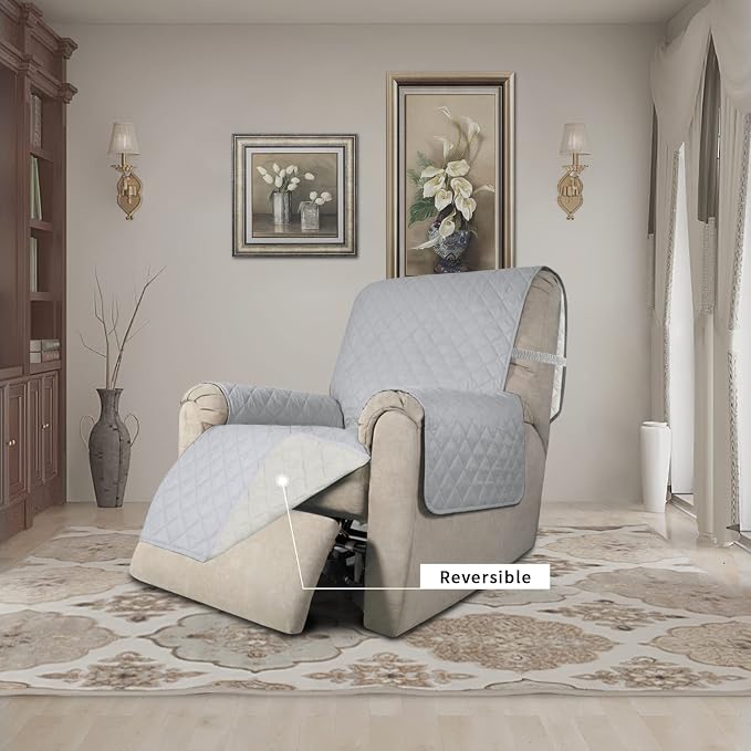 Easy-Going Recliner Chair Slipcover Reversible Sofa Cover Water Resistant Couch Cover Furniture Protector with Elastic Straps for Pets Dog (Recliner 22 inch, Light Gray/Ivory) | Machine Washable Slipcover For Dogs, Water Resistant Furniture Mat For Liv...
