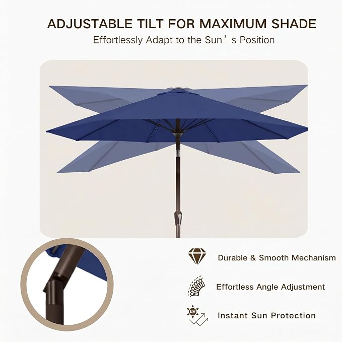 Kingdura 9FT Outdoor Patio Umbrella, Round Market Table Umbrella with Push‑Button Tilt and Crank Lift, 8 Sturdy Metal Ribs, UV50+ Protection Canopy for Backyard, Lawn, Deck, Poolside, Garden (Navy blue)