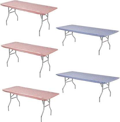 6' Rectangle Plastic Table Covers 30" x 72", Bundle of 5 (Red & Blue Gingham)