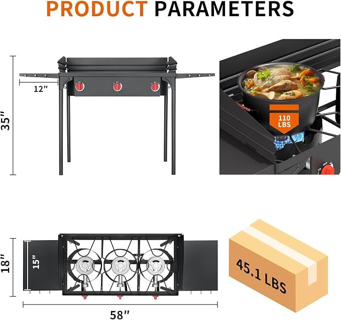 SKOK 3 Burners Camping Propane Stove with Wind Panel&Side Shelves, Portable Gas Stove, Outdoor Stove for Camping
