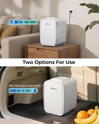 BEICHEN Mini Fridge, 4 Liter/6 Can Portable Refrigerator for Bedroom Office Dorm Car– Fast Cooling, Low Noise, 100-125V AC/5-12V USB Small Compact Refrigerator for Skincare, Food, Drinks(White)