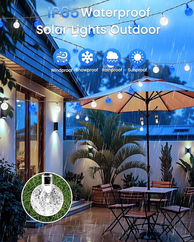 2-Pack 64FT 100 LED Blue and White Crystal Globe Solar String Lights Outdoor, Waterproof Solar Powered Lights for Outside, 8 Lighting Modes Patio Decorations for Garden Yard Wedding Porch Party Tree