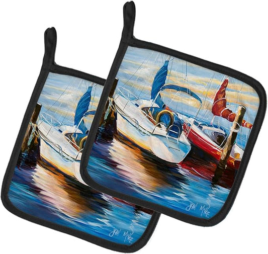 Caroline's Treasures JMK1242PTHD Symmetry Sailboats Pair of Pot Holders Kitchen Heat Resistant Pot Holders Sets Oven Hot Pads for Cooking Baking BBQ, 7 1/2 x 7 1/2