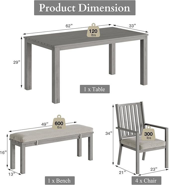 RoyalCraft Aluminum 6 Pieces Patio Dining Sets, Outdoor Dining Table with 4 Chairs and Bench, Outdoor Patio Dining Furniture Set with Removable Cushion for Lawn, Garden, Backyard, Gray