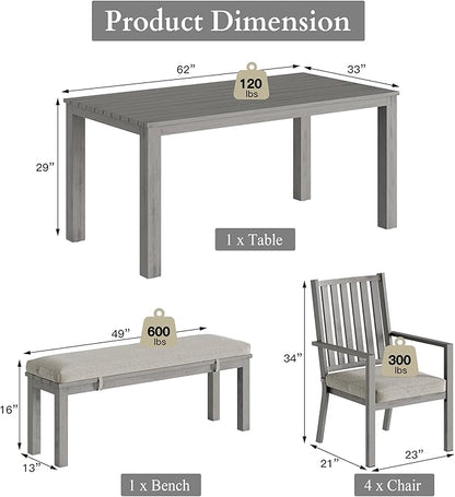 RoyalCraft Aluminum 6 Pieces Patio Dining Sets, Outdoor Dining Table with 4 Chairs and Bench, Outdoor Patio Dining Furniture Set with Removable Cushion for Lawn, Garden, Backyard, Gray