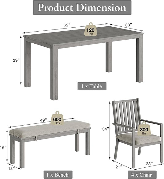 RoyalCraft Aluminum 6 Pieces Patio Dining Sets, Outdoor Dining Table with 4 Chairs and Bench, Outdoor Patio Dining Furniture Set with Removable Cushion for Lawn, Garden, Backyard, Gray