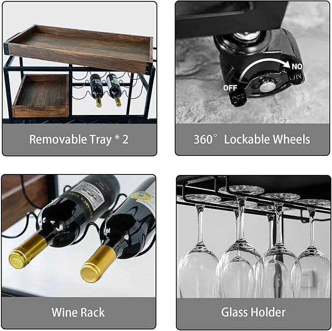Bar Cart Industrial Mobile Kitchen Serving Carts for Home 3 Tier Storage Trolley with Wine Rack Glasses Holder Two Portable Trays Universal Casters with Brakes Rustic Rolling Cart for Indoor Outdoor