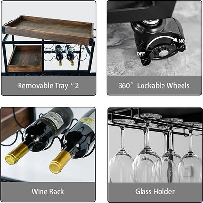 Bar Cart Industrial Mobile Kitchen Serving Carts for Home 3 Tier Storage Trolley with Wine Rack Glasses Holder Two Portable Trays Universal Casters with Brakes Rustic Rolling Cart for Indoor Outdoor