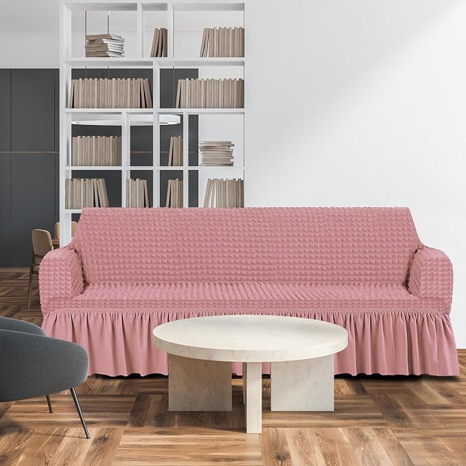 Fanfanwin 3 Pcs Sofa Slipcover Set for Couch Cushion Durable Washable High Elastic Stretchable Furniture Couch Covers with Skirt for Sofa Loveseat Arm Chair(Pink,Seersucker)