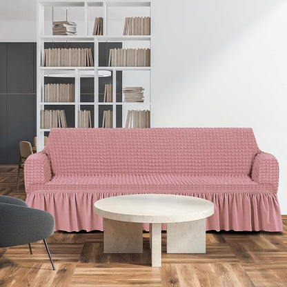 Fanfanwin 3 Pcs Sofa Slipcover Set for Couch Cushion Durable Washable High Elastic Stretchable Furniture Couch Covers with Skirt for Sofa Loveseat Arm Chair(Pink,Seersucker)
