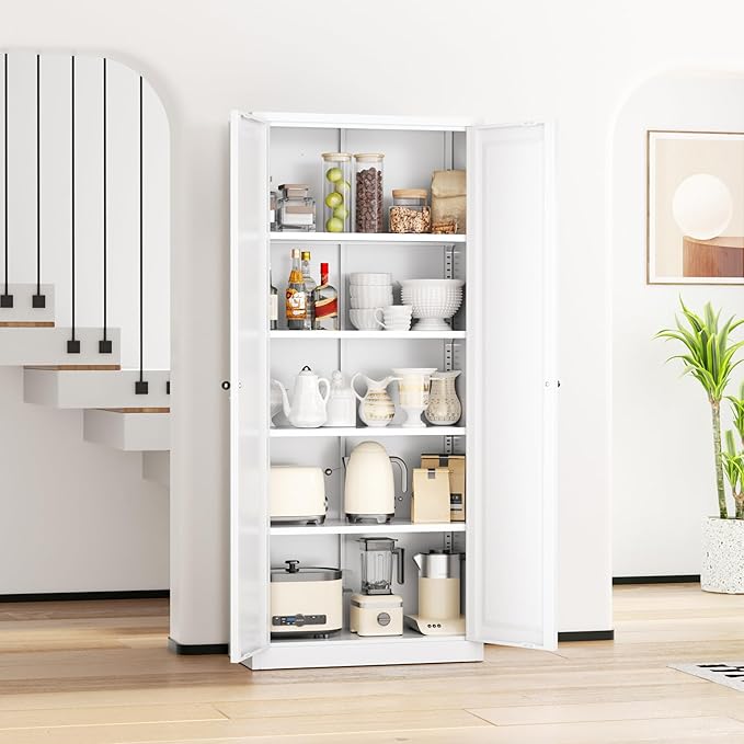 INTERGRAET Kitchen Pantry Cabinet, 63" Tall Metal Pantry Storage Cabinets with 2 Doors and 4 Shelves, Metal Storage Cabinet,Cupboard for Home,Kitchen,Living Room/Dining, White