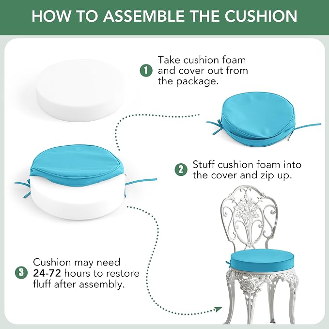 Summsun Outdoor Bistro Chair Cushions Set of 4, 15" D x 3" H Round Chair Cushions Waterproof and Fade Resistant Chair Cushion Pads with Non-Slip Ties and Removable Covers for Garden, Teal