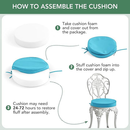 Summsun Outdoor Bistro Chair Cushions Set of 4, 15" D x 3" H Round Chair Cushions Waterproof and Fade Resistant Chair Cushion Pads with Non-Slip Ties and Removable Covers for Garden, Teal