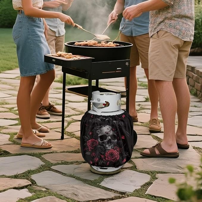Propane Tank Covers 20lb Retro Outdoor Heavy Duty Waterproof Windproof Gas Tank Cylinder Cover with Elastic Brand, Dress up Your Gas Grill Skull Rose