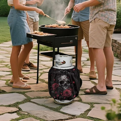Propane Tank Covers 20lb Retro Outdoor Heavy Duty Waterproof Windproof Gas Tank Cylinder Cover with Elastic Brand, Dress up Your Gas Grill Skull Rose 2 pcs