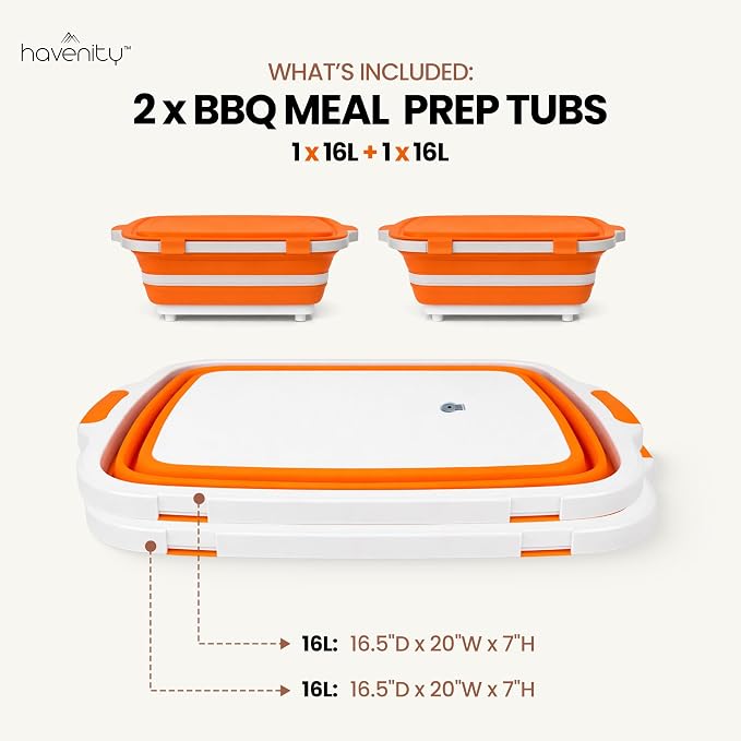 BBQ Prep Tub 2 Pack (16L+16L) - Multifunctional Collapsible Camping Cutting Board with Upgraded Locking lid, Meal Prep Meat Storage Container Perfect for Grilling, Outdoor Cooking (XL x 2)