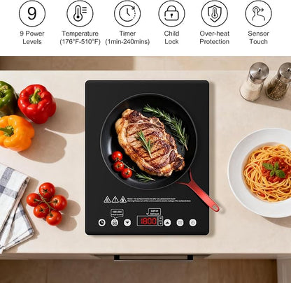 Portable Electric Cooktop, 1800W Single Burner Electric Stove with Touch Control, Child Safety Lock, Timer, 9 Power Level, Overheat Protection, Compact Induction Cooktop for Home Dorm Office