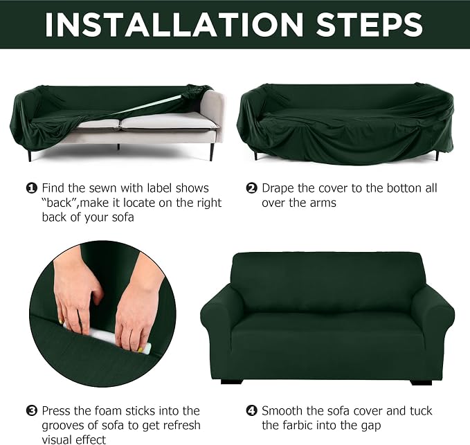 Peryiter 3 Pcs Couch and Loveseat Sofa Covers,Dark Green,Milk Silk | Armchair Covers for Living Room, Sofa Cushion Slipcover, Furniture Protector, Polyester and Spandex, Washable