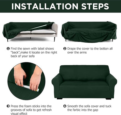 Peryiter 3 Pcs Couch and Loveseat Sofa Covers,Dark Green,Milk Silk | Armchair Covers for Living Room, Sofa Cushion Slipcover, Furniture Protector, Polyester and Spandex, Washable