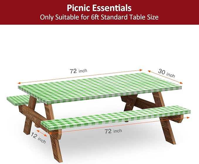 6ft 72" Picnic Table and Bench Cover, 3 Pack, Green-White Checkered | Drawstring Bag, Waterproof Windproof, Elastic Fitted Edges Tablecloth, for Rectangle Table & Seat, Camping Essentials RV Gear