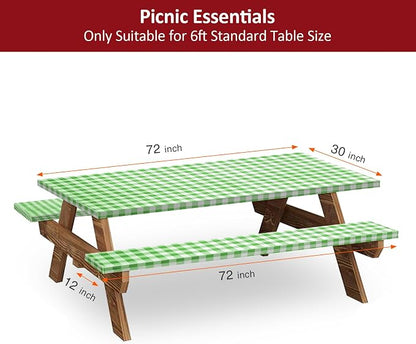 6ft 72" Picnic Table and Bench Cover, 3 Pack, Green-White Checkered | Drawstring Bag, Waterproof Windproof, Elastic Fitted Edges Tablecloth, for Rectangle Table & Seat, Camping Essentials RV Gear