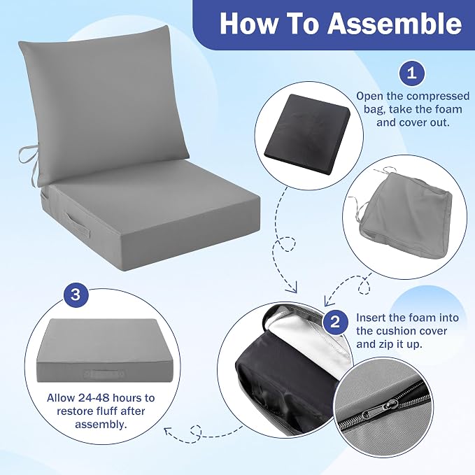 IASEAHK Outdoor Seat Cushion Set, Waterproof & Fade Resistant Patio Chair Cushions, Outdoors Cushion for Patio Furniture, 24 x 24 x 5.75 Inch, Outdoor Couch Cushions with Handle and Ties, Grey