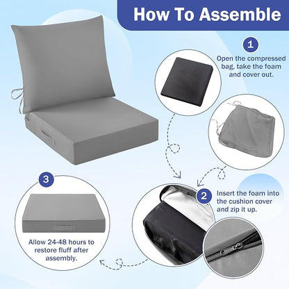 IASEAHK Outdoor Seat Cushion Set, Waterproof & Fade Resistant Patio Chair Cushions, Outdoors Cushion for Patio Furniture, 24 x 24 x 5.75 Inch, Outdoor Couch Cushions with Handle and Ties, Grey