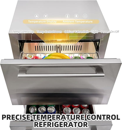 24 inch Undercounter Refrigerators with Weatherproof Full Stainless Steel Body, Built-in Beverage Refrigerator for Home and Commercial Use, Stainless Steel Door, Fast Cooling, Low Noise, 37-65 °F
