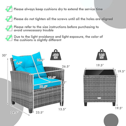 HAPPYGRILL 3 Pieces Patio Conversation Set, Outdoor Furniture Set PE Rattan Sofa Set with Removable Cushions, PE Wicker Chairs with Tempered Glass Side Table for Porch Lawn Garden Balcony Backyard