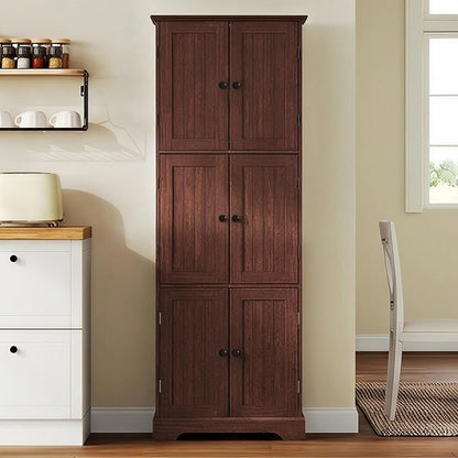 ChooChoo 63.2" Tall Bathroom Storage Cabinet with 6 Doors | Freestanding Floor Cabinet, Adjustable Shelves, Pantry Cabinet for Bathroom, Kitchen, Laundry Room, Rustic Walnut