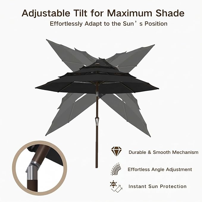 Kingdura 9ft 3-Tier Patio Umbrella, Outdoor Table Umbrella with Easy Crank & Tilt, 8 Reinforced Ribs, UV Protection for Deck, Pool, Market, Backyard (Black)