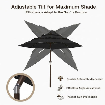 Kingdura 9ft 3-Tier Patio Umbrella, Outdoor Table Umbrella with Easy Crank & Tilt, 8 Reinforced Ribs, UV Protection for Deck, Pool, Market, Backyard (Black)
