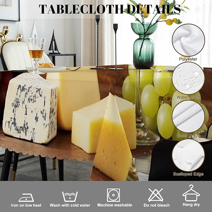 Swono Wine and Cheese Table Cloth Rectangle Tables Red Wine Bottle Glass Cheese Grapes On Wood Kitchen Table Cover Oblong 52"X70" Tablecloth for Dining Table Buffet Parties Patio and Camping