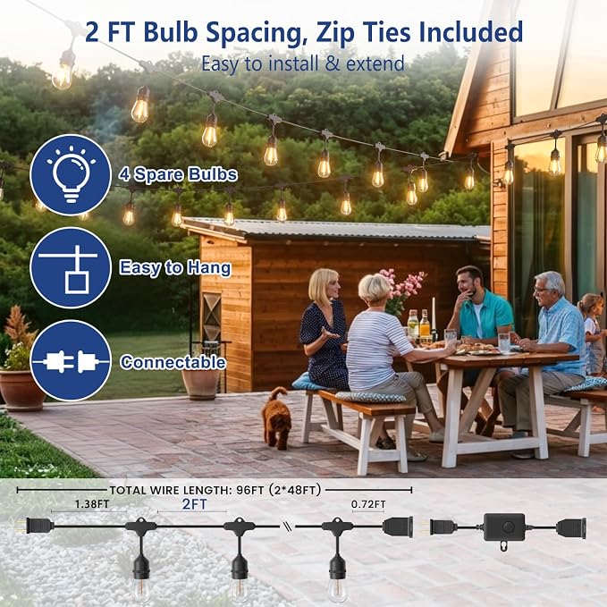 96FT Patio Lights, Remote & Connectable, Outdoor Waterproof | 2FT Bulb Spacing, Heavy Duty Commercial Grade, 18 AWG Cord, 48+4 Shatterproof Bulbs, Timer & Dimmable, IP65, 2700K Warm White