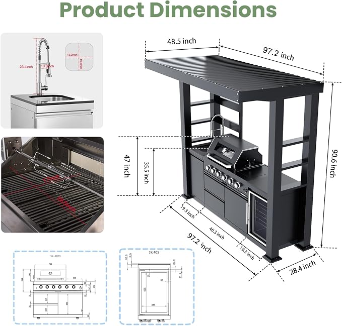 97" Stainless Steel Outdoor Kitchen Island with 4-Burner 72000 BTU,Propane Grill with Side Burner,Rotisserie Oven,Galvanized Steel Roof,Granite Countertops,Beverage Fridge,Sink.(Propane Gas)